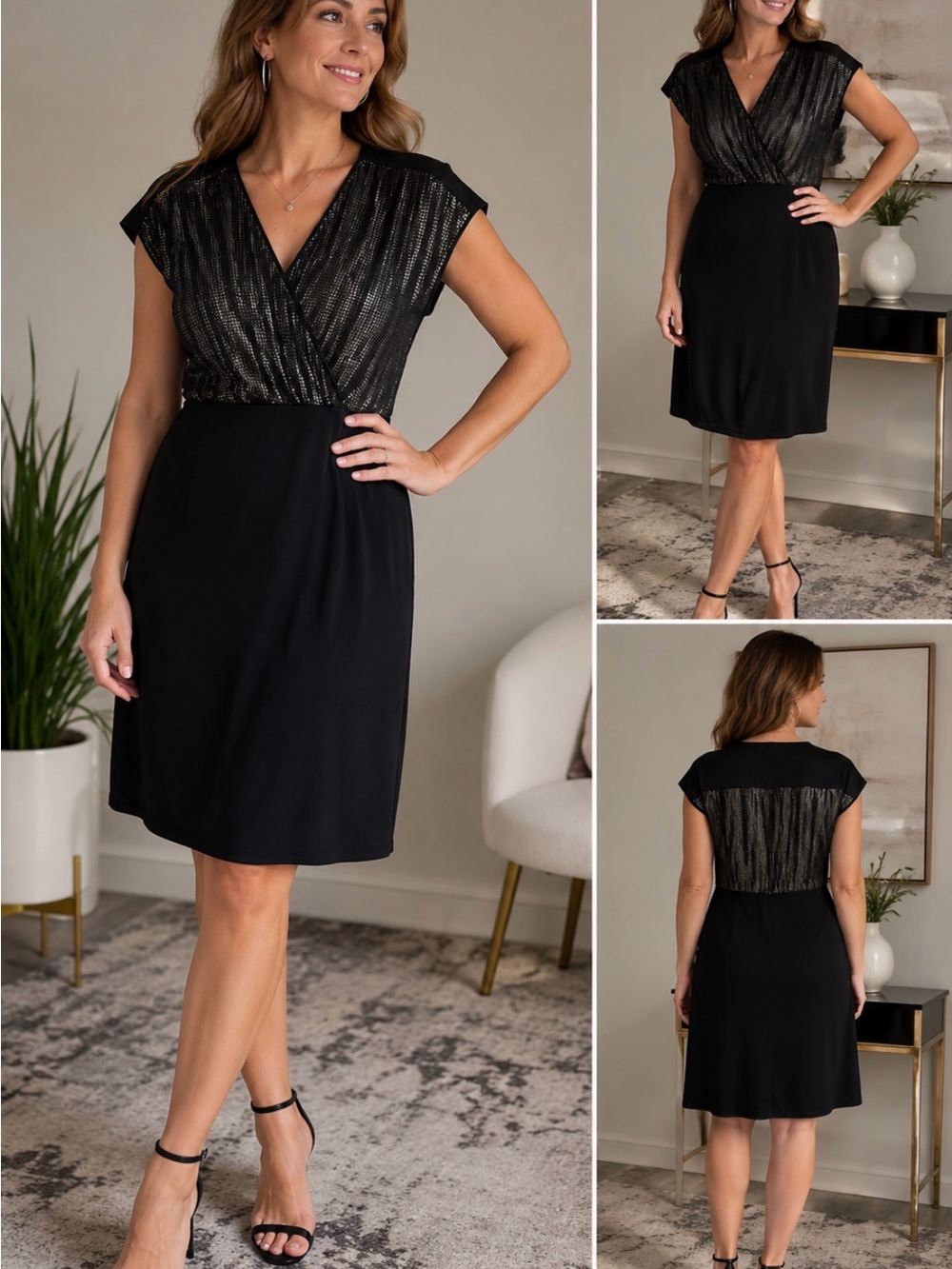 Metallic-Detail Black Midi Wrap Dress
